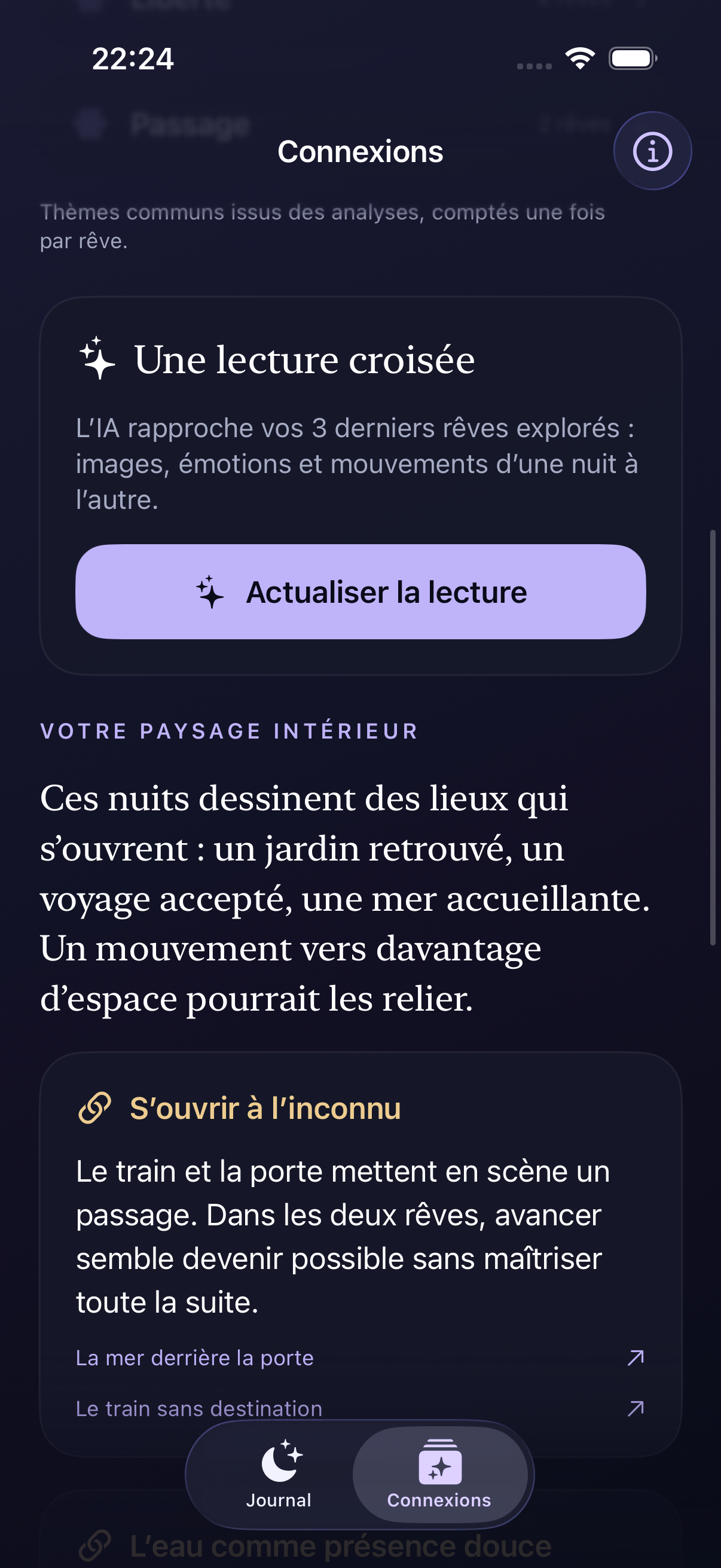 Capture de démonstration montrant une lecture croisée de rêves dans AfterNight