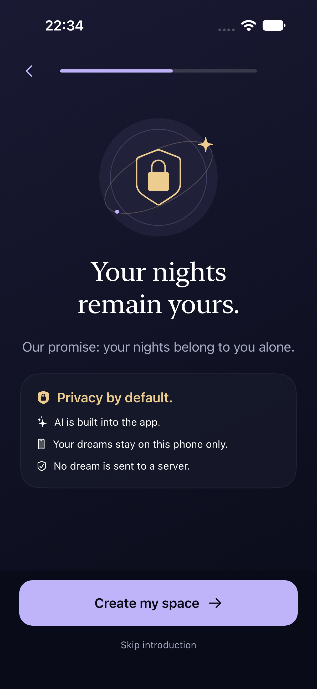 English AfterNight screen explaining on-device AI and dream storage